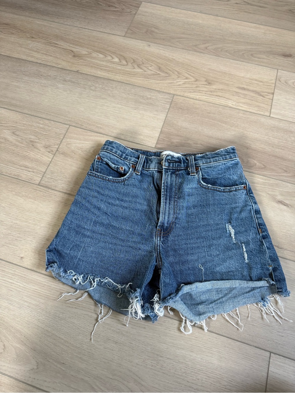 Abercrombie & Fitch Distressed Roll-Cuff Denim Shorts - Blue